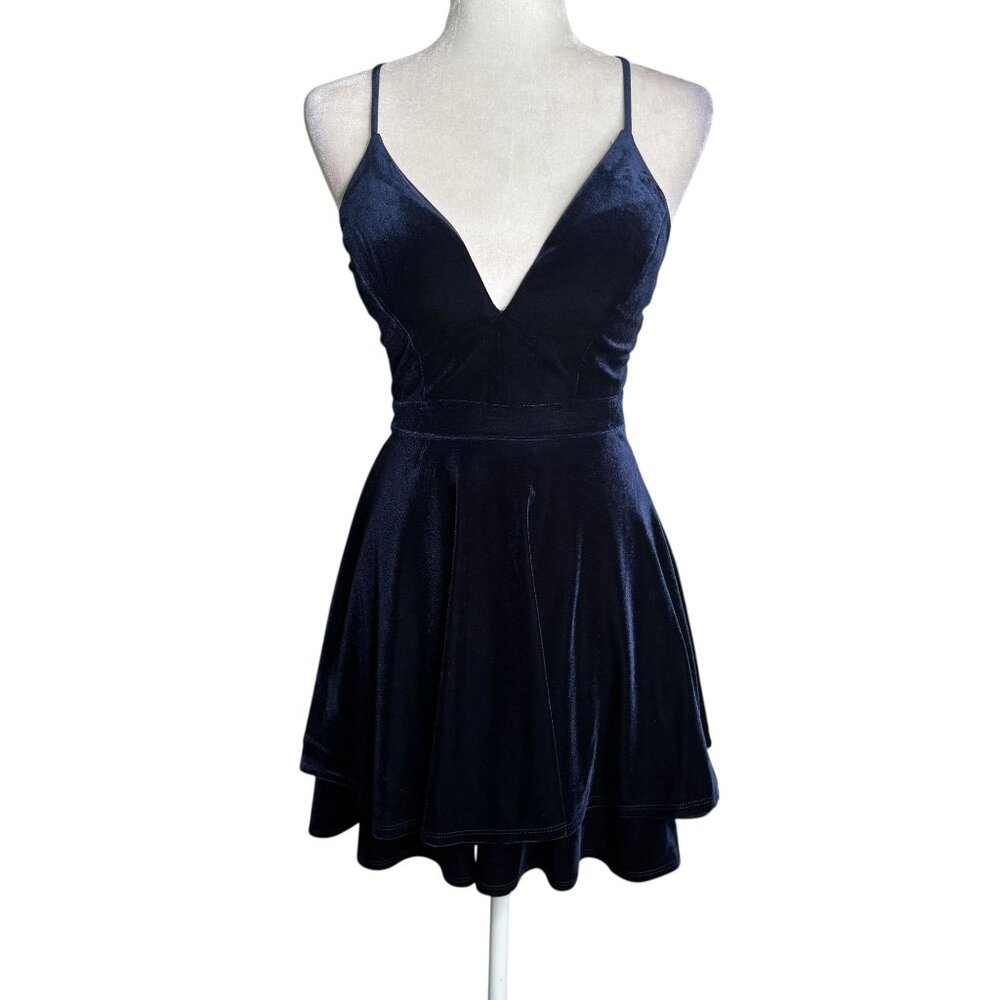 Lace Back Velvet Fit Flare Mini Dress XS Navy Blue Adjustable Straps Back Zip
